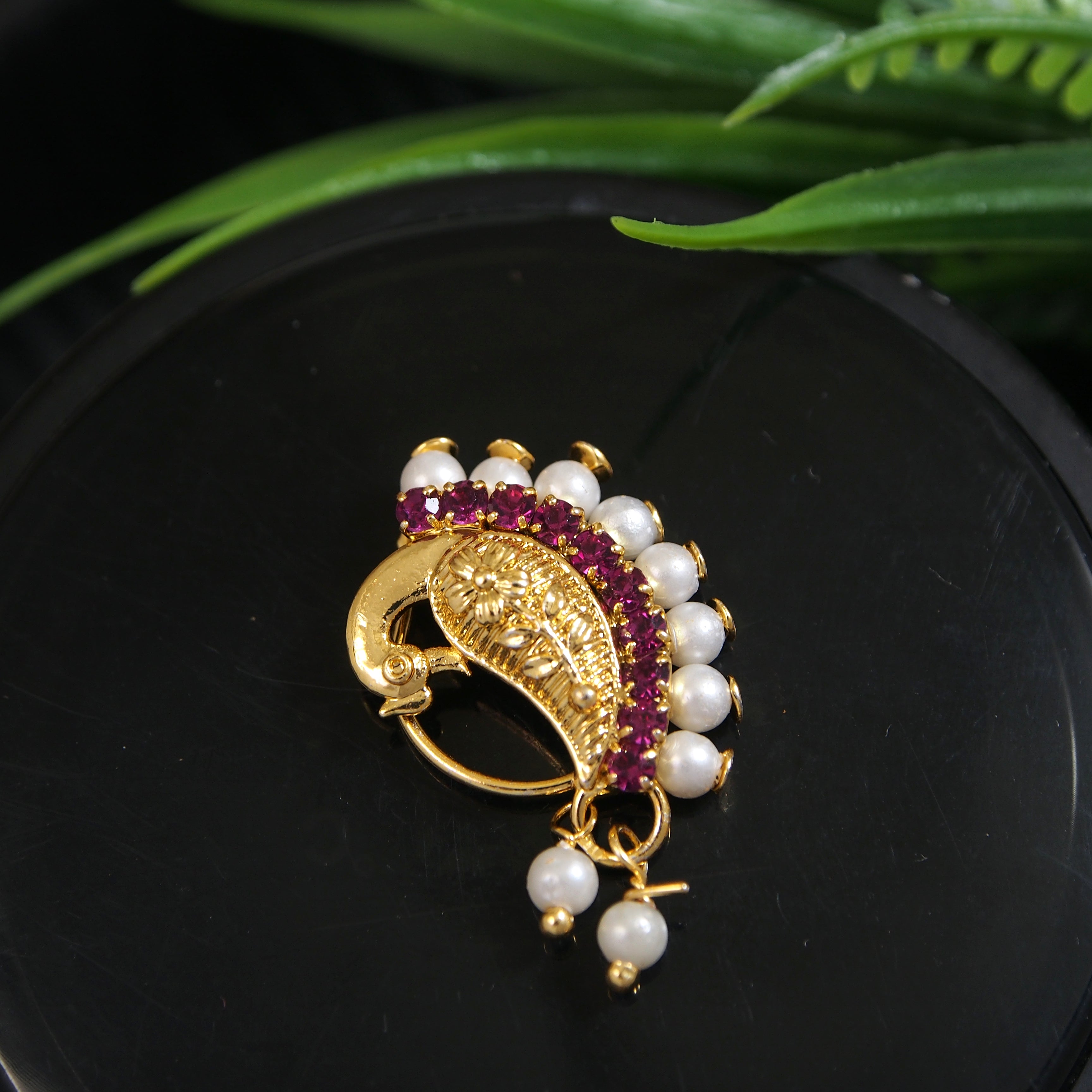 Classic Gold Plated Peacock Design Maharashtrian Nath Traditional CZ Stones Non Piercing Stud For Women And Girl